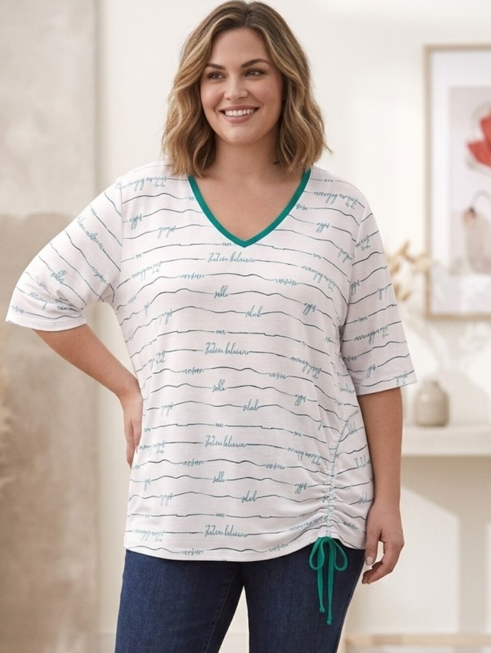 ​Claire France  French Script Striped V-Neck T-Shirt with Side Draw-Size 4X